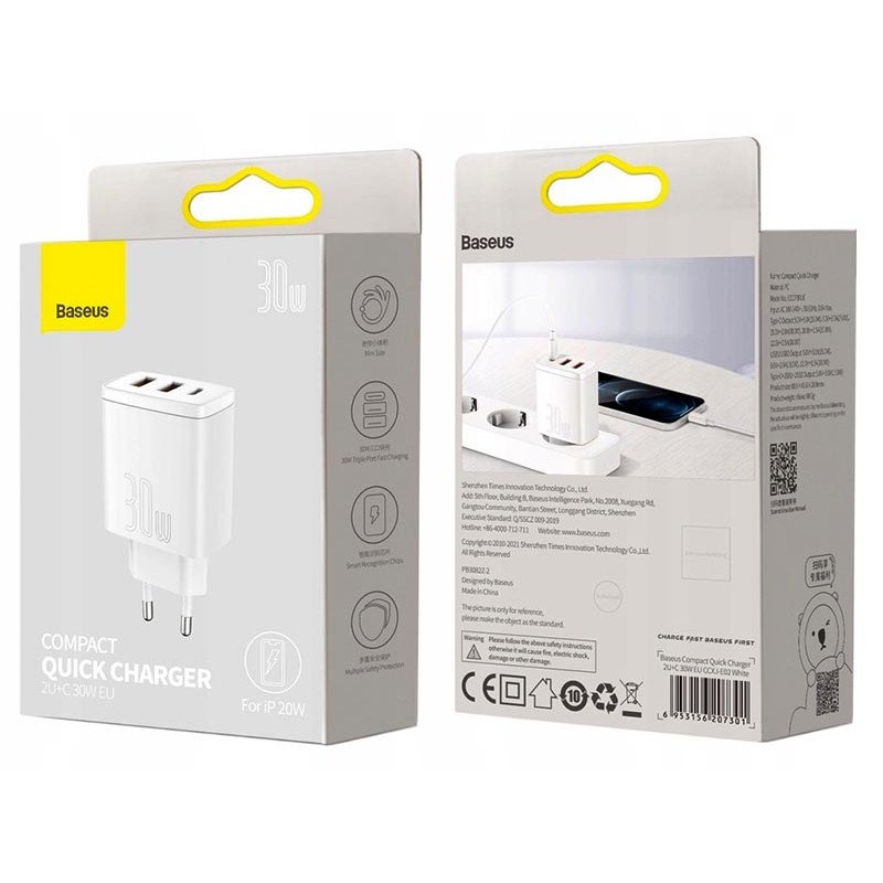 Зарядное устройство USB на 3 порта Baseus Compact Quick Charger 2U+C 30W White c быстрой зарядкой QC3.0 и PDстрой зарядкой QC3.0 и PD