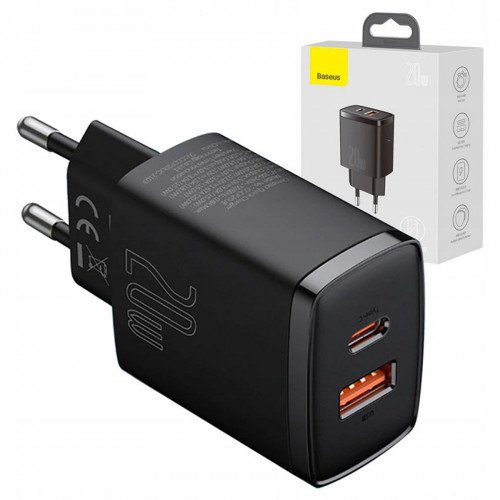 Baseus Compact Quick Charger C+U 20W Black - мережевий адаптер на 2 порти USB+Type-C із швидкою зарядкою QC3.0 та PD