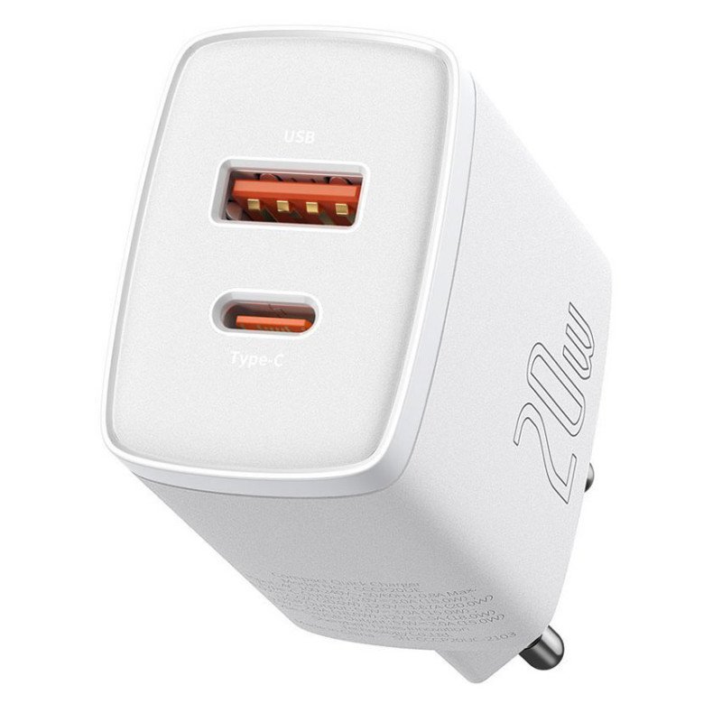 Baseus Compact Quick Charger C+U 20W White CCXJ-B02 зарядное устройство на 2 порта USB+Type-C c быстрой зарядкой QC3.0 и PD