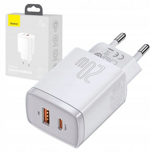 Baseus Compact Quick Charger C+U 20W White - сетевой адаптер на 2 порта USB+Type-C c быстрой зарядкой QC3.0 и PD