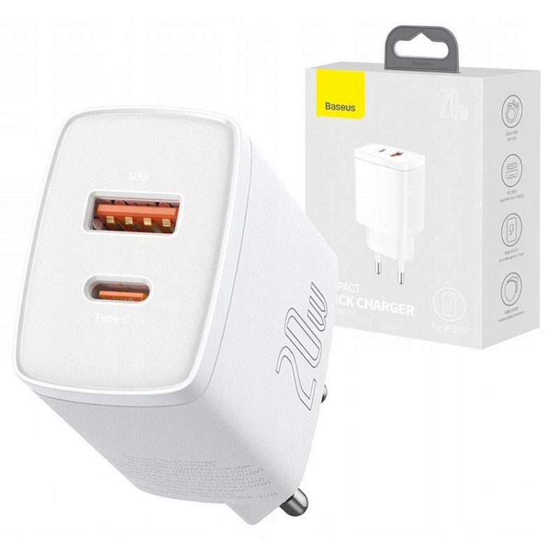 Baseus Compact Quick Charger C+U 20W White CCXJ-B02 зарядное устройство на 2 порта USB+Type-C c быстрой зарядкой QC3.0 и PD