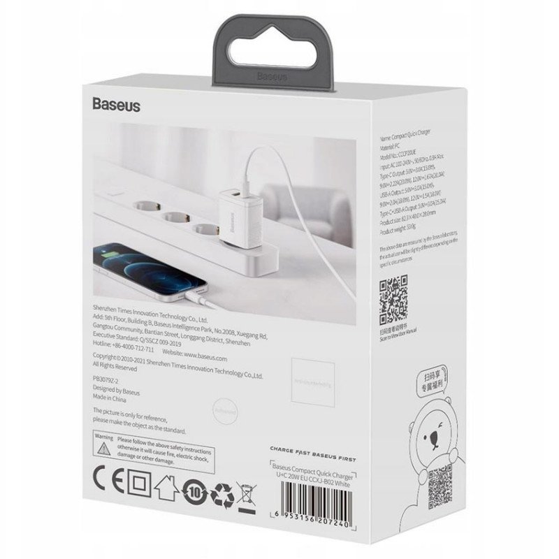 Baseus Compact Quick Charger C+U 20W White CCXJ-B02 зарядное устройство на 2 порта USB+Type-C c быстрой зарядкой QC3.0 и PD
