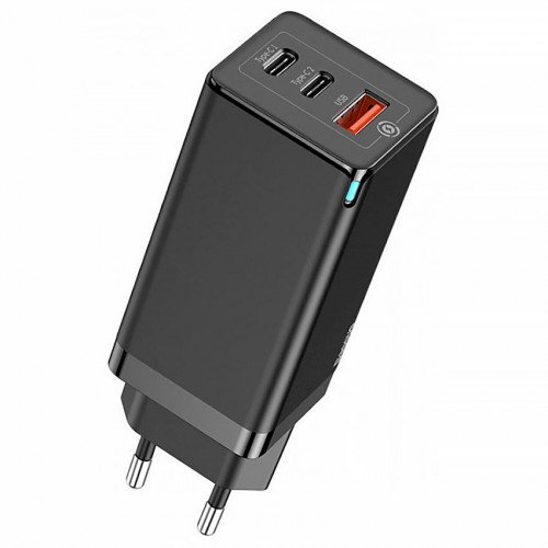 Baseus GaN3 Pro Fast Charger 2C+U 65W Black - мощный сетевой адаптер на 1xUSB и 2xUSB Type-C + кабель Baseus Type-C - Type-C 100W 20V/5A 1м