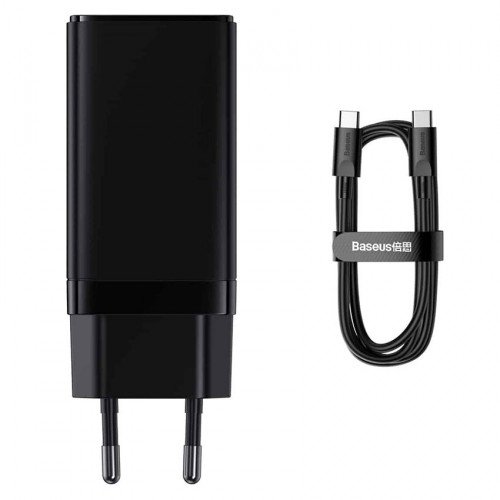 Baseus GaN3 Pro Fast Charger 2C+U 65W Black - мощный сетевой адаптер на 1xUSB и 2xUSB Type-C + кабель Baseus Type-C - Type-C 100W 20V/5A 1м