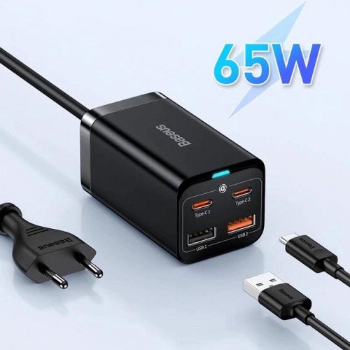 Baseus GaN3 Pro Desktop Fast Charger 2C+2U 65W Black - мощный сетевой адаптер на 2 порта USB и 2 порта Type-C + кабель Baseus Type-C to Type-C 100W 1м