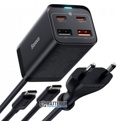 Baseus GaN3 Pro Desktop Fast Charger 2C+2U 65W Black - мощный сетевой адаптер на 2 порта USB и 2 порта Type-C + кабель Baseus Type-C to Type-C 100W 1м