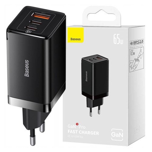 Baseus GaN5 Pro Fast Charger 2C+U 65W Black - мощный сетевой адаптер на 1xUSB и 2xUSB Type-C + кабель Baseus Type-C - Type-C 100W 20V/5A 1м