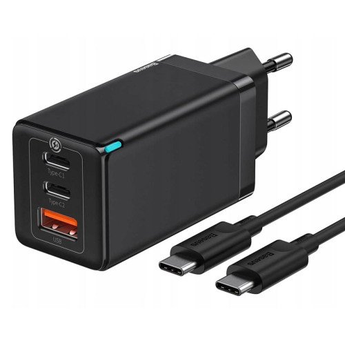 Baseus GaN5 Pro Fast Charger 2C+U 65W Black - мощный сетевой адаптер на 1xUSB и 2xUSB Type-C + кабель Baseus Type-C - Type-C 100W 20V/5A 1м
