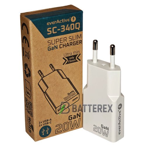 Everactive SC-340Q Super Slim GaN Charger C+U PD 20W - ультра-тонкий сетевой адаптер на 2 порта USB+Type-C c быстрой зарядкой QC3.0 и PD