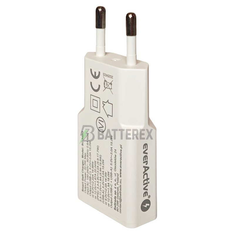 Сетевое USB зарядное устройство Everactive SC-340Q GaN Super Slim Charger 20W, ультра-тонкий корпус 15мм, 2 порта USB+Type-C c быстрой зарядкой QC3.0 и PD