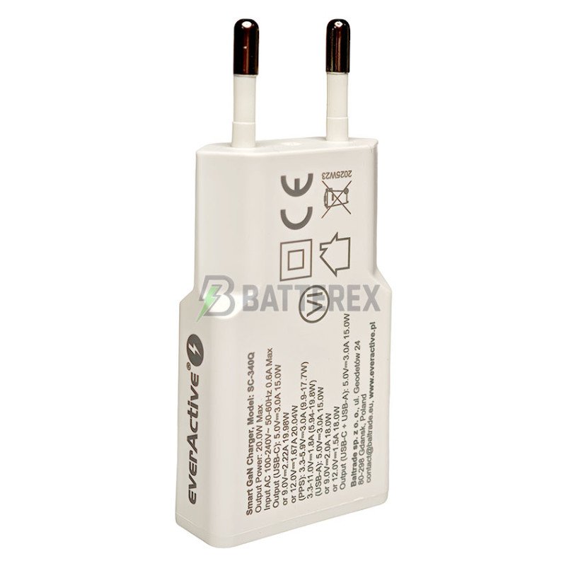 Сетевое USB зарядное устройство Everactive SC-340Q GaN Super Slim Charger 20W, ультра-тонкий корпус 15мм, 2 порта USB+Type-C c быстрой зарядкой QC3.0 и PD