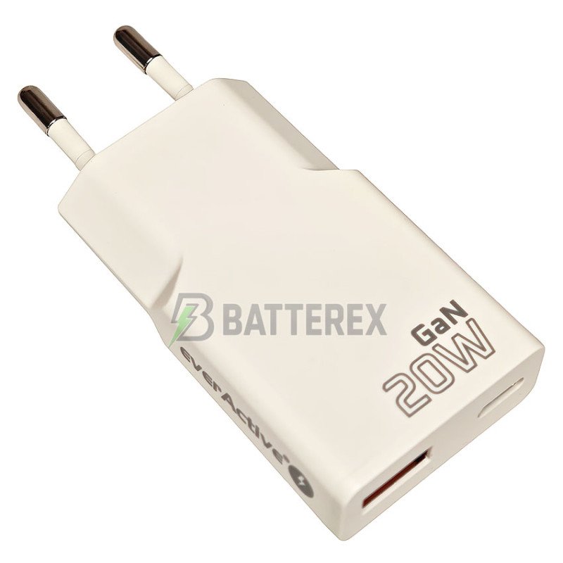Сетевое USB зарядное устройство Everactive SC-340Q GaN Super Slim Charger 20W, ультра-тонкий корпус 15мм, 2 порта USB+Type-C c быстрой зарядкой QC3.0 и PD