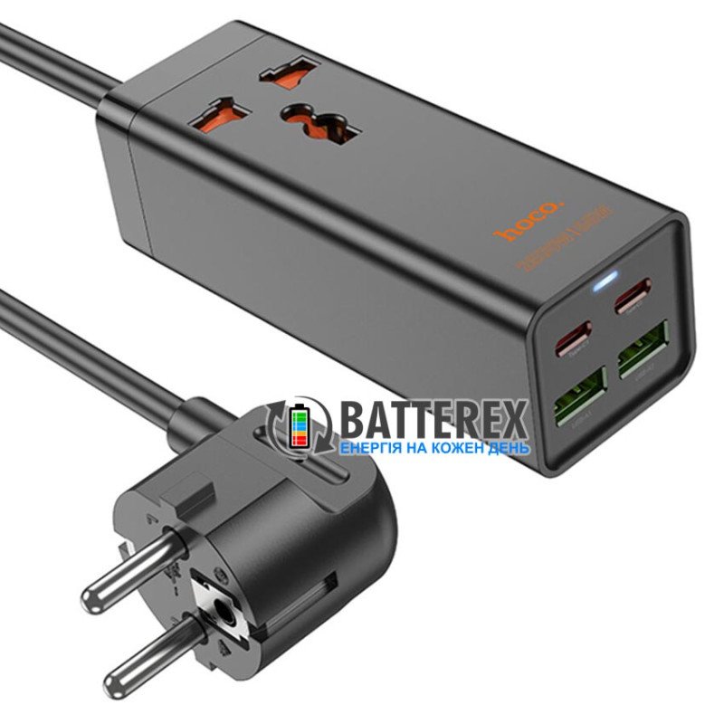 Мережевий адаптер - подовжувач HOCO AC10A Barry PD65W GaN Black на 1 універсальну розетку, 2 порти USB та 2 порти Type-C із мережевим кабелем 1.5 м