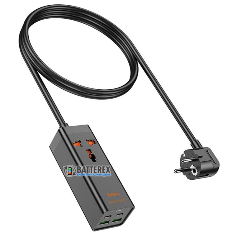 Мережевий адаптер - подовжувач HOCO AC10A Barry PD65W GaN Black на 1 універсальну розетку, 2 порти USB та 2 порти Type-C із мережевим кабелем 1.5 м