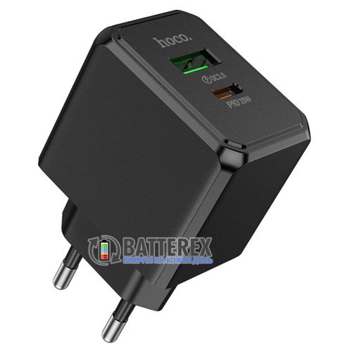 HOCO CS14A PD20W+QC3.0 20W Black - сетевой адаптер на 2 порта USB+Type-C c быстрой зарядкой QC3.0 и PD