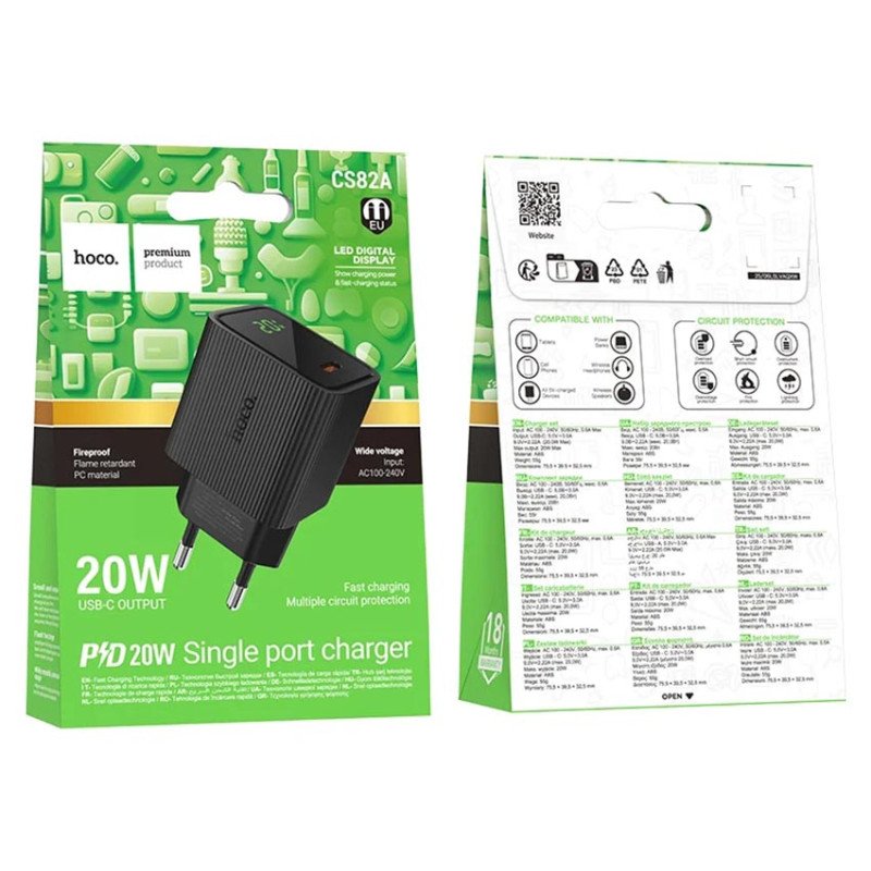 Мережевий USB зарядний пристрій HOCO CS82A PD20W USB-C Black на 1 порт USB Type-C із швидкою зарядкою PD