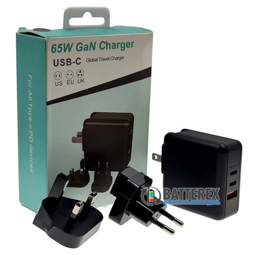 HQ-Tech 65W GaN Global Travel Charger - зарядная станция со съёмными вилками на 3 порта USB с быстрым зарядом QC 3.0 и PD
