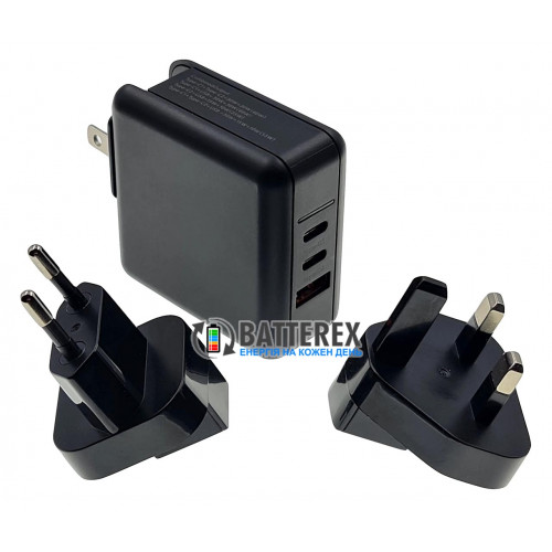 HQ-Tech 65W GaN Global Travel Charger - зарядная станция со съёмными вилками на 3 порта USB с быстрым зарядом QC 3.0 и PD