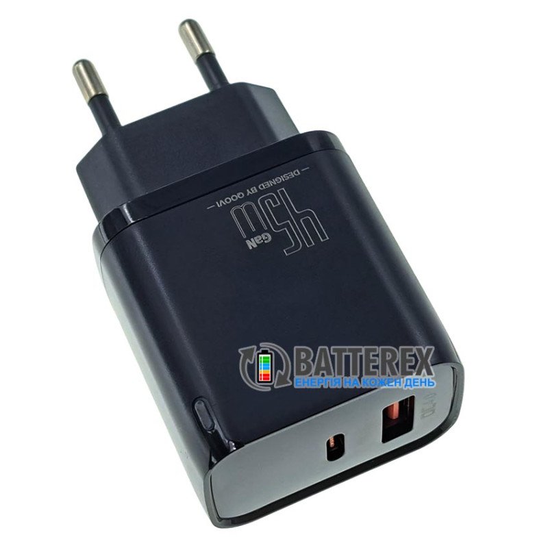 Сетевое USB зарядное устройство QOOVI B405 GaN Power Adapter C+U PD 45W Black на 2 порта USB+Type-C c быстрой зарядкой QC3.0 и PD