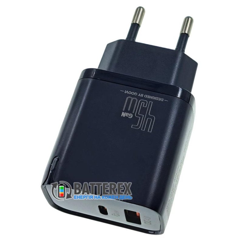 Сетевое USB зарядное устройство QOOVI B405 GaN Power Adapter C+U PD 45W Black на 2 порта USB+Type-C c быстрой зарядкой QC3.0 и PD