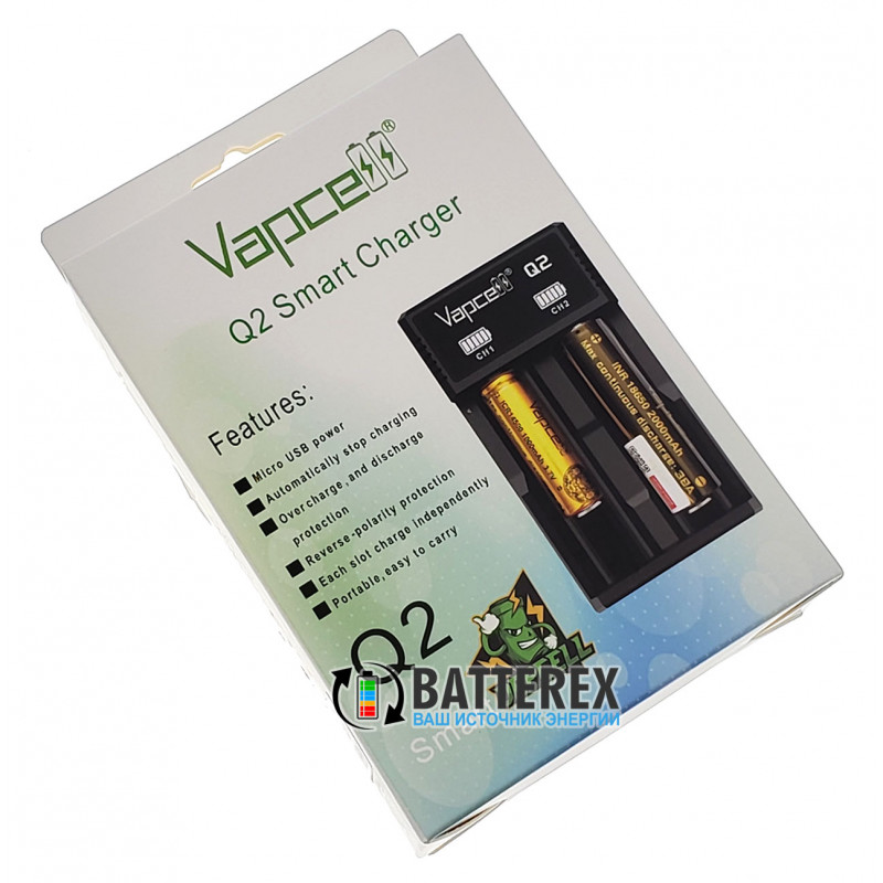 2-канальное зарядное устройство Vapcell Q2 для Li-ion аккумуляторов 18650, 21700, 26650, 14500, 16340