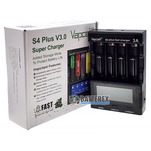 Vapcell S4 Plus v3.0 - продвинутое зарядное устройство для Ni-MH и Li-ion аккумуляторов - гарантия 12 месяцев