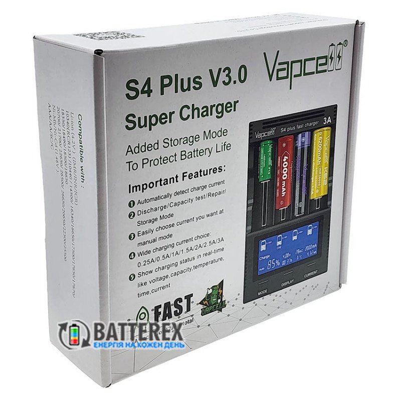 Універсальний зарядний пристрій Vapcell S4 Plus v3.0 для аккумуляторов Li-ion