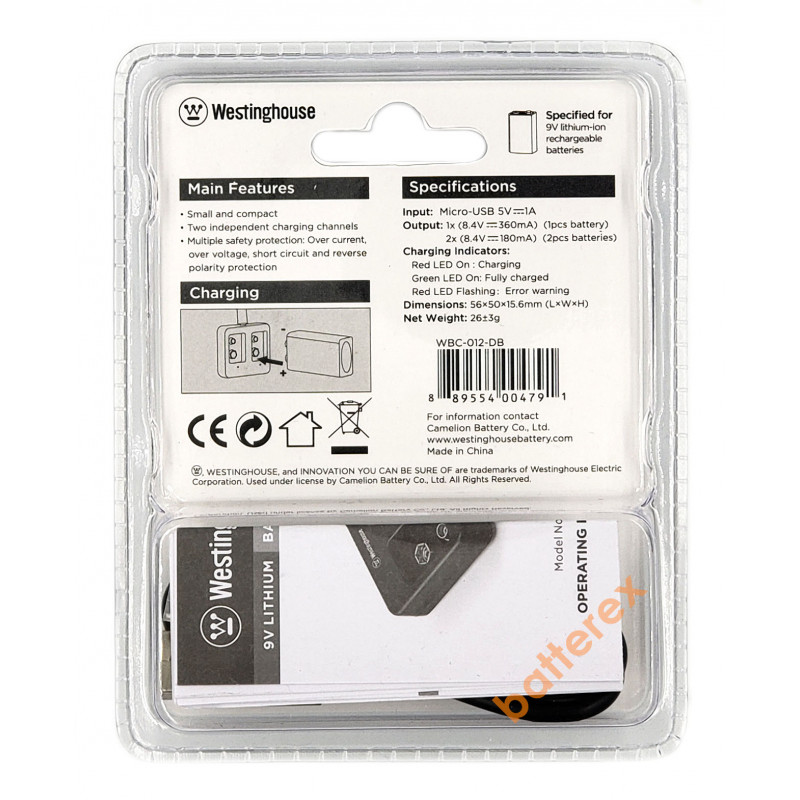 Westinghouse WBC-012-DB - 2х-канальное USB зарядное устройство для аккумуляторов Крона Li-ion
