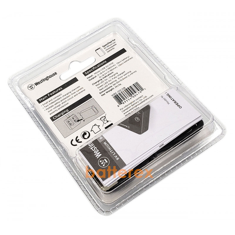 4 аккумулятора Крона Li-ion Westinghouse 9V 600 mah и зарядное устройство Westinghouse WBC-012-DB - комплект со скидкой