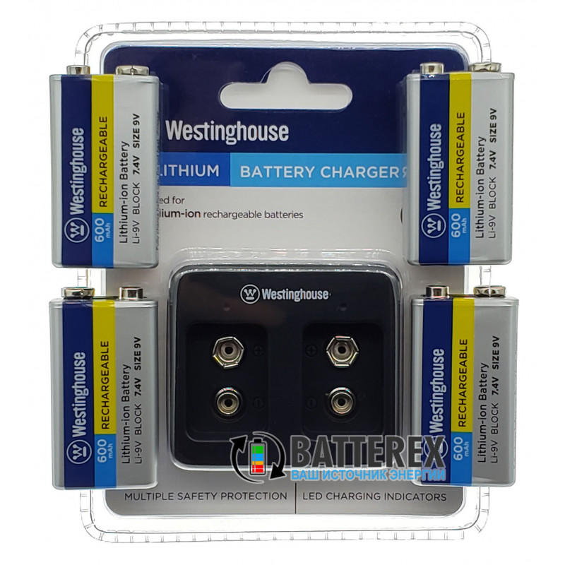 4 аккумулятора Крона Li-ion Westinghouse 9V 600 mah и зарядное устройство Westinghouse WBC-012-DB - комплект со скидкой