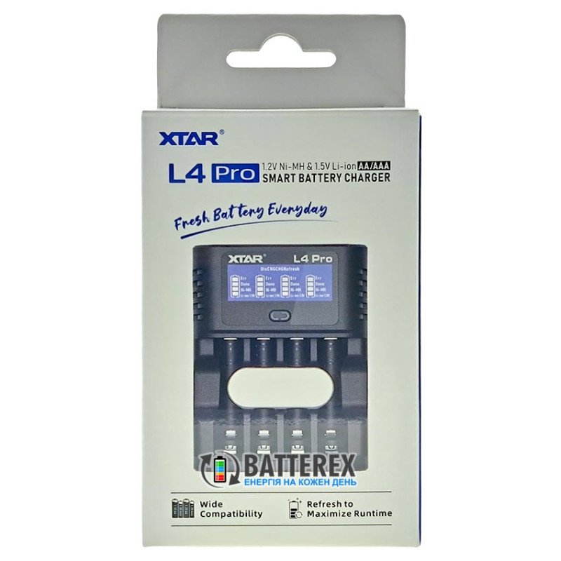 Зарядний пристрій XTAR L4 Pro для акумуляторів Li-ion 1.5V та NiMH 1.2V розмірів АА та AAA із розрядом та тренуванням