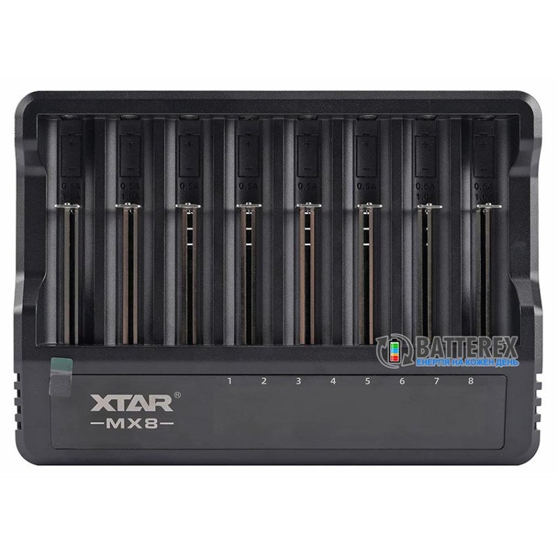 Зарядний пристрій XTAR MX8 на 8 акумуляторів для NiMH, Li-ion 1.5V, Li-ion 3.7V, підключення через USB Type-C