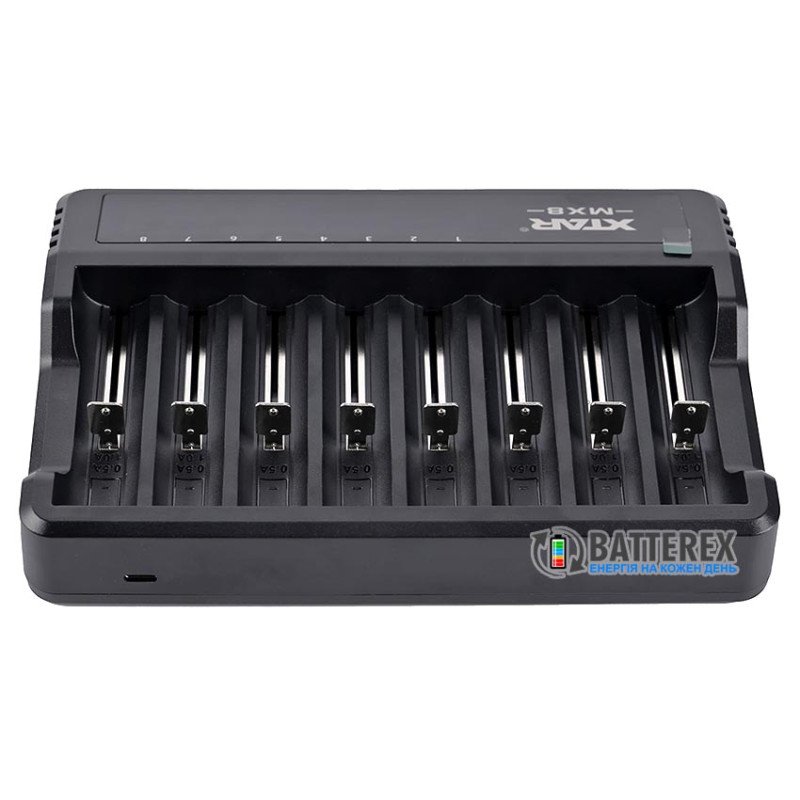 Зарядний пристрій XTAR MX8 на 8 акумуляторів для NiMH, Li-ion 1.5V, Li-ion 3.7V, підключення через USB Type-C