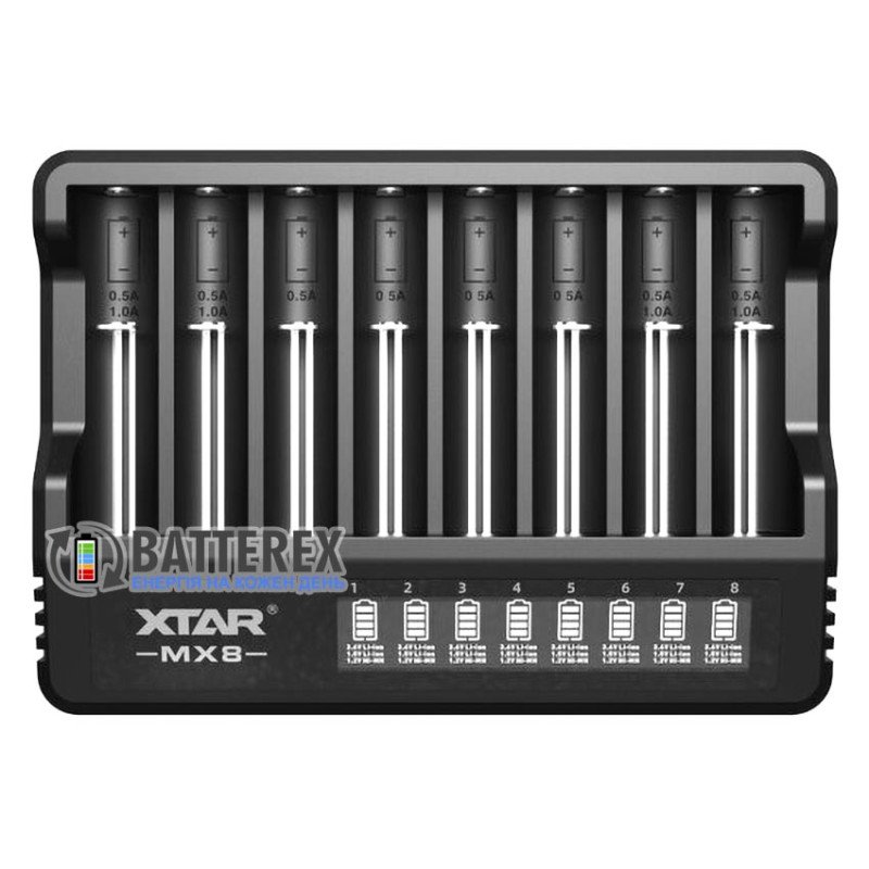 Зарядний пристрій XTAR MX8 на 8 акумуляторів для NiMH, Li-ion 1.5V, Li-ion 3.7V, підключення через USB Type-C
