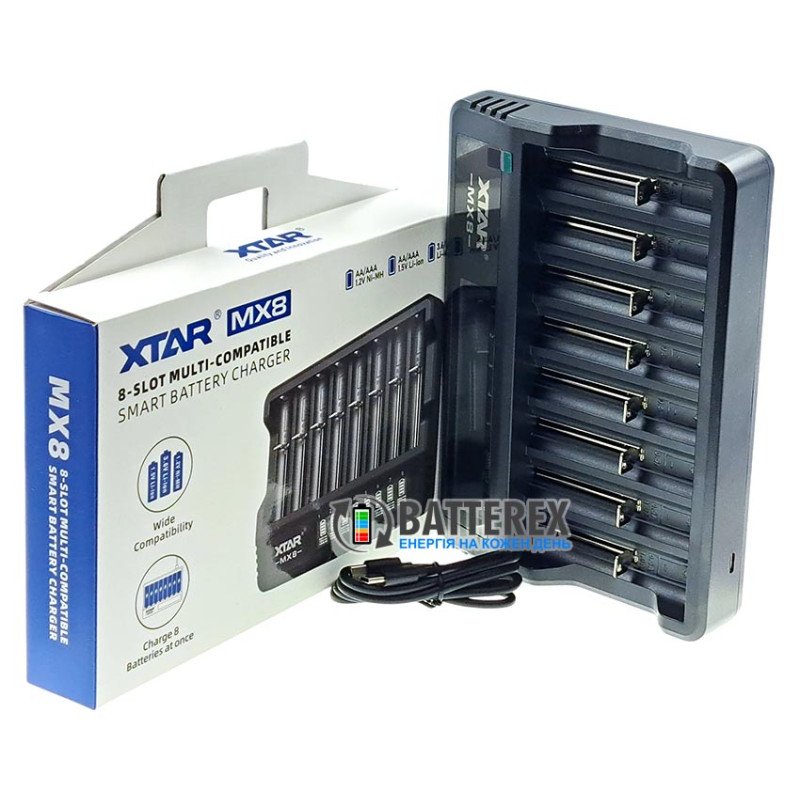 Зарядний пристрій XTAR MX8 на 8 акумуляторів для NiMH, Li-ion 1.5V, Li-ion 3.7V, підключення через USB Type-C