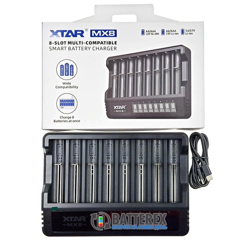 Зарядний пристрій XTAR MX8 на 8 акумуляторів для NiMH, Li-ion 1.5V, Li-ion 3.7V, підключення через USB Type-C