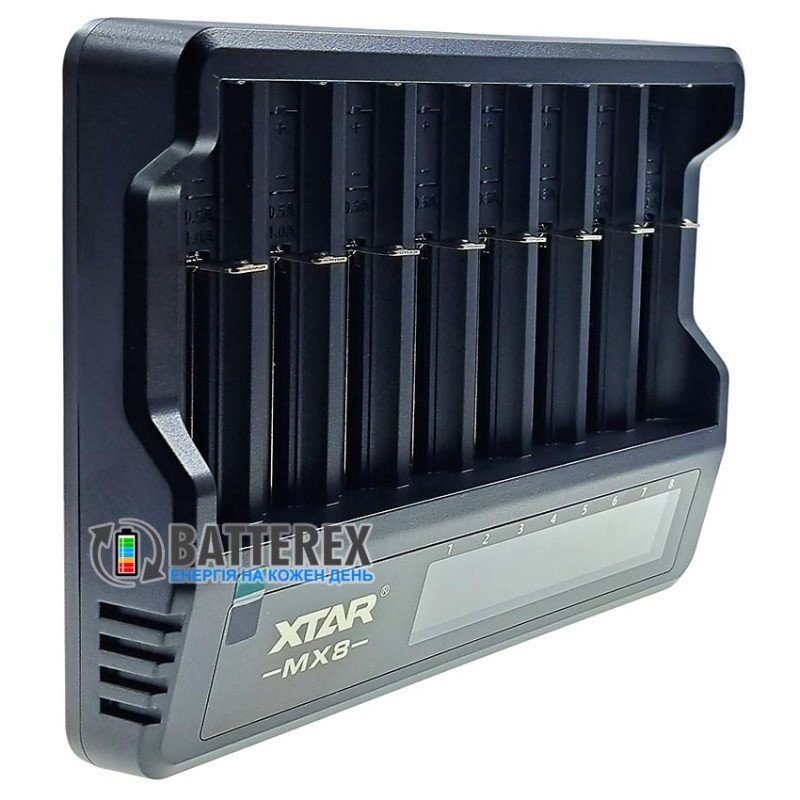 Зарядний пристрій XTAR MX8 на 8 акумуляторів для NiMH, Li-ion 1.5V, Li-ion 3.7V, підключення через USB Type-C