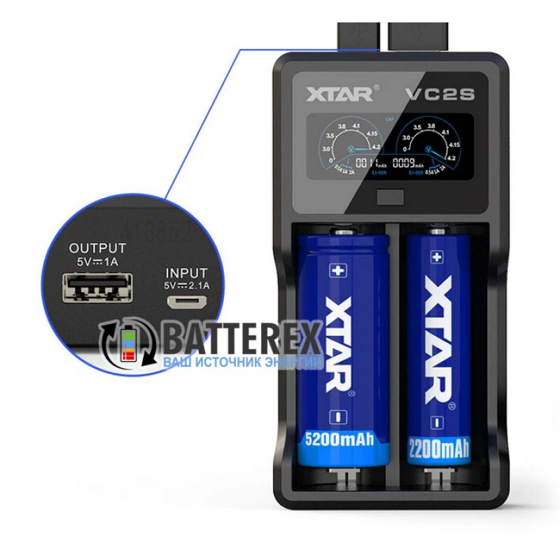 XTAR VC2S - интеллектуальная 2х-канальная зарядка для аккумуляторов Li-Ion и NiMH