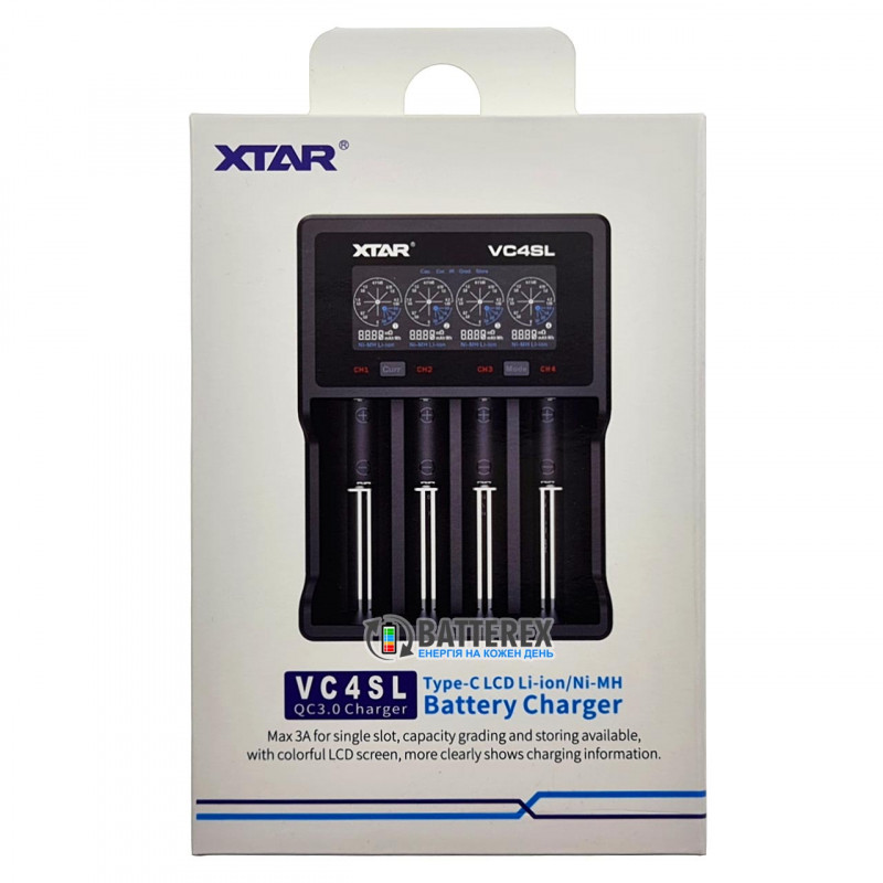 XTAR VC4SL - інтелектуальний зарядний пристрій із розрядом для акумуляторів Li-Ion та NiMH із підтримкою акумуляторів довжиною до 78 мм