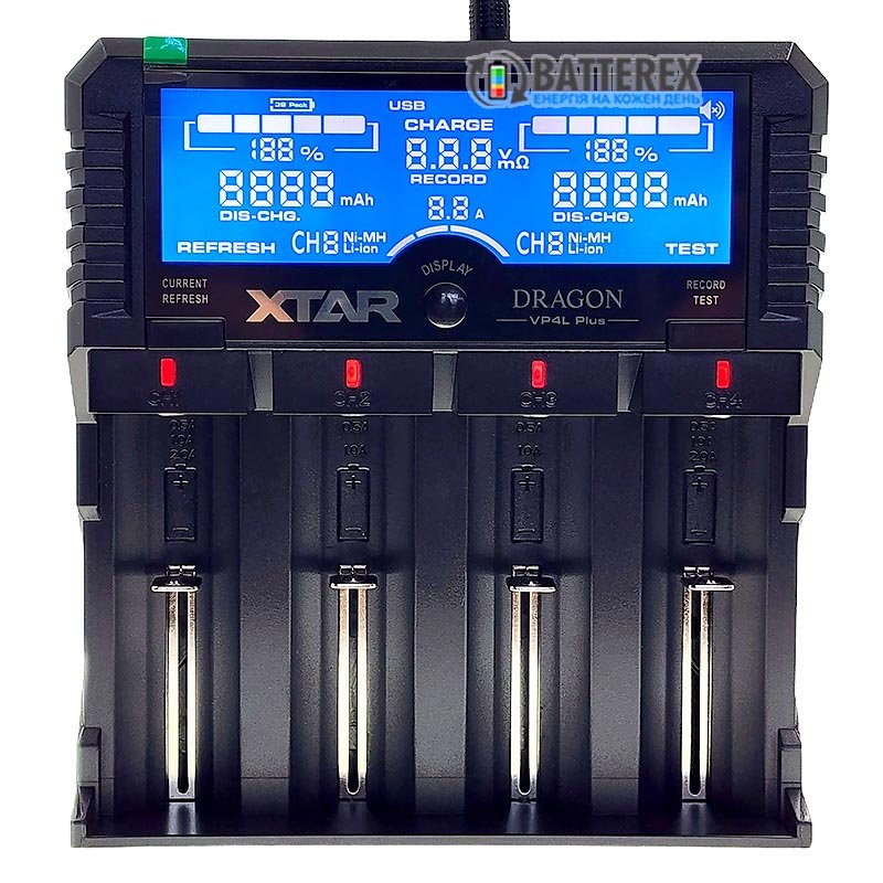 XTAR VP4L Plus Dragon - професійний зарядний пристрій Li-Ion/Ni-MH/Ni-Cd акумуляторів з тестером внутрішнього опору