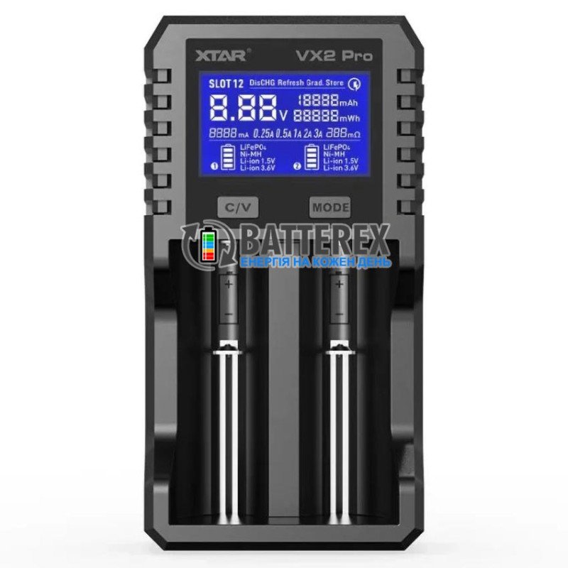 Універсальний продвинутий зарядний пристрій XTAR VX2 PRO для акумуляторів Li-ion 1.5V, Li-ion 3.6V, Li-ion 3.7V, NiMH 1.2V, LiFePO4 3.2V всіх популярних розмірів