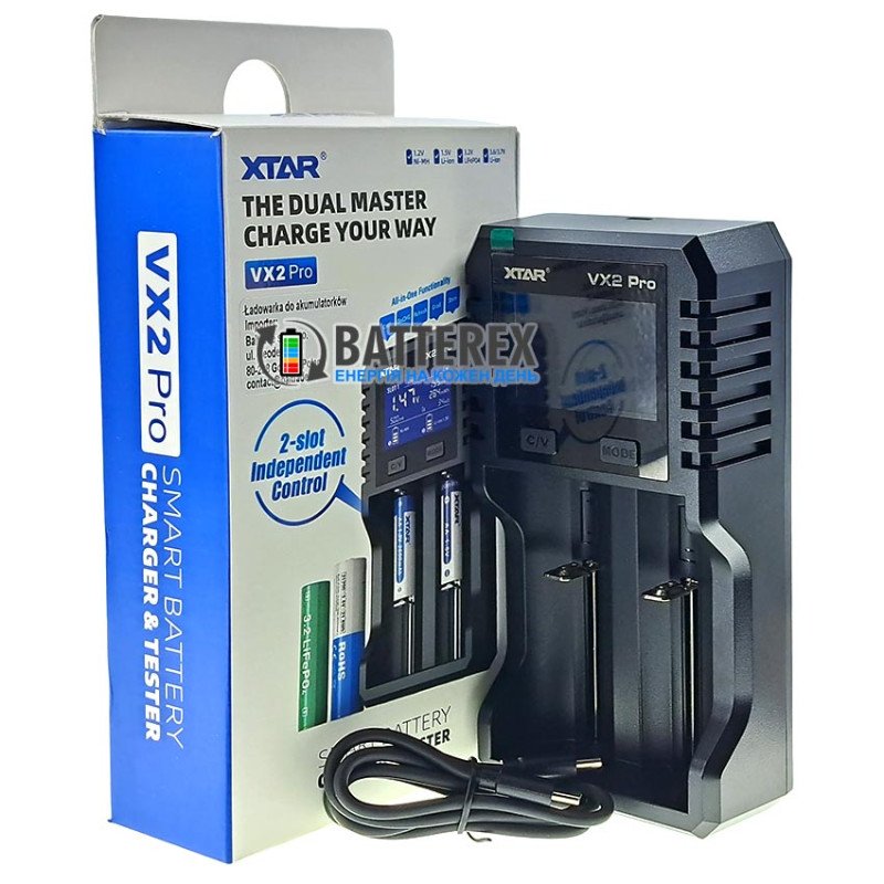 Універсальний продвинутий зарядний пристрій XTAR VX2 PRO для акумуляторів Li-ion 1.5V, Li-ion 3.6V, Li-ion 3.7V, NiMH 1.2V, LiFePO4 3.2V всіх популярних розмірів