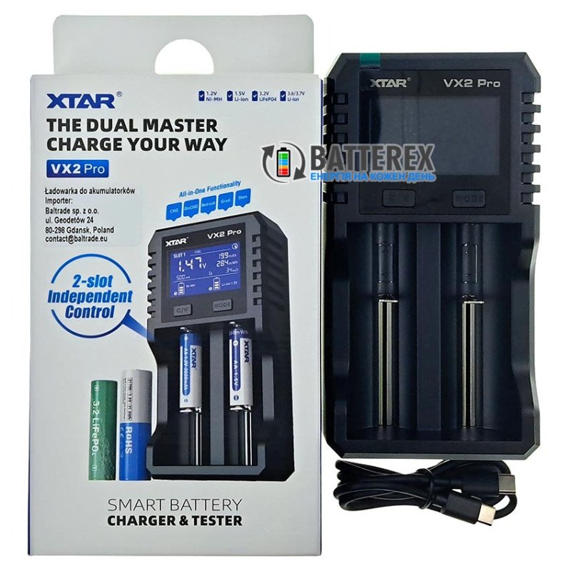 Універсальний продвинутий зарядний пристрій XTAR VX2 PRO для акумуляторів Li-ion 1.5V, Li-ion 3.6V, Li-ion 3.7V, NiMH 1.2V, LiFePO4 3.2V всіх популярних розмірів