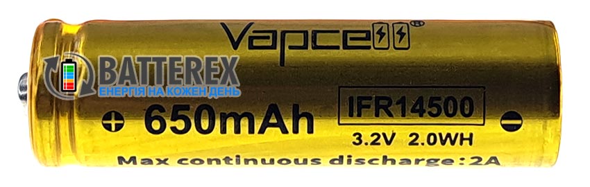 14500 LiFePO4 Vapcell IFR14500 650mah 3.2V 2A Button Top