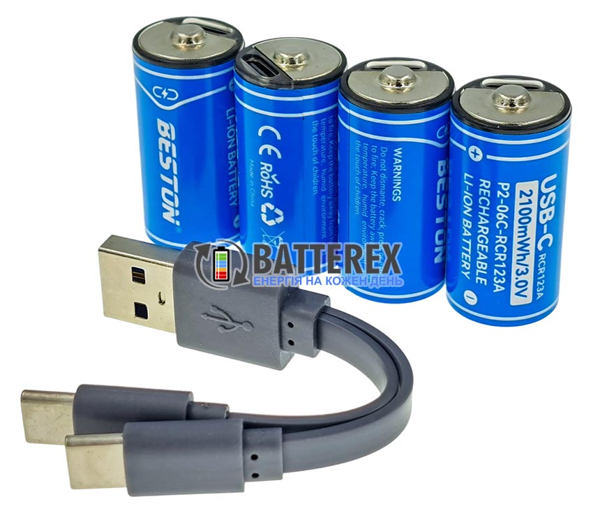 16340 CR123A Li-ion Beston 2100mWh 700mAh 3.0V USB Type-C упаковка 4 шт. с пластиковым боксом и кабелем для зарядки