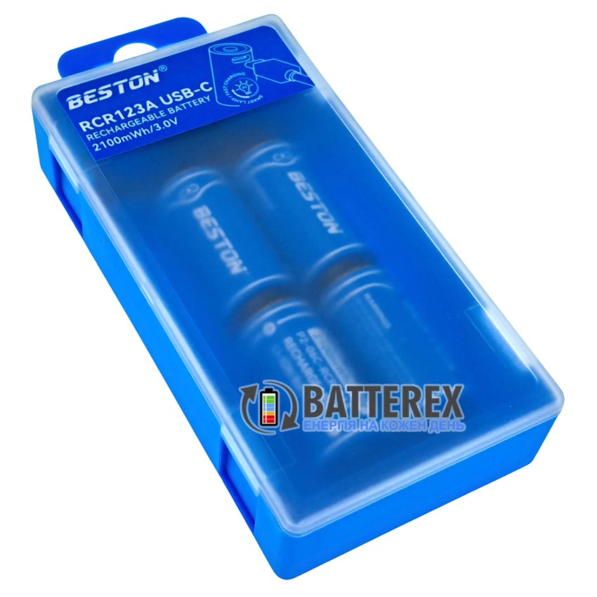 16340 CR123A Beston 2100mWh 700mAh 3.0V Protected USB Type-C, стандартна довжина 34 мм, упаковка 4 шт. в пластиковому боксі із зарядним кабелем
