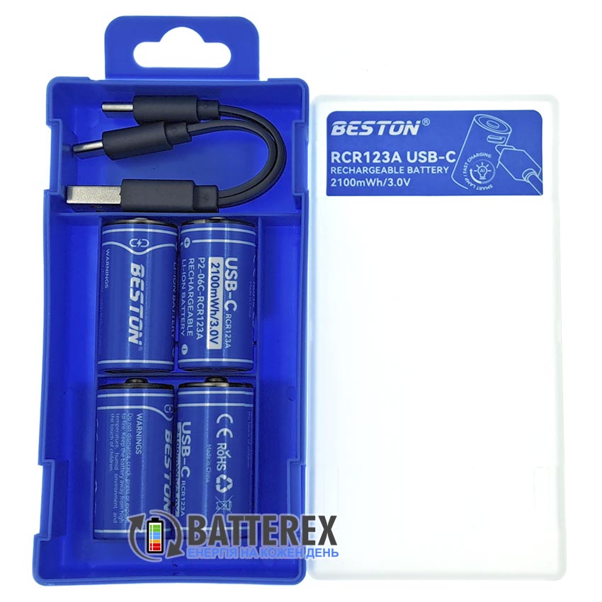 Аккумуляторы 16340 CR123A Li-ion Beston 2100mWh 700mAh 3.0V USB Type-C упаковка 4 шт.