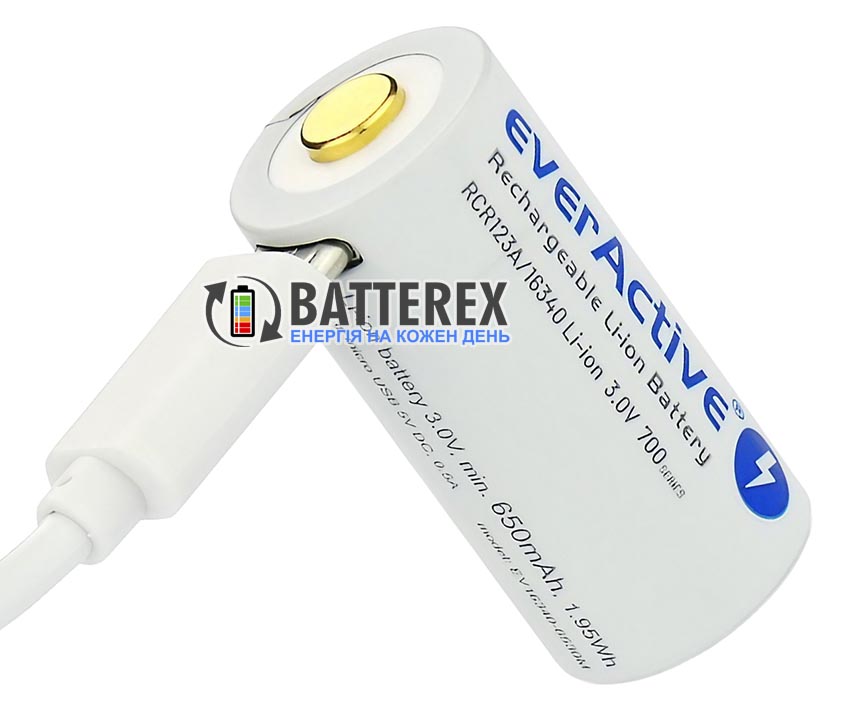 16340 CR123A Everactive EV16340-6530M 650mah 3.0V Protected micro-USB
