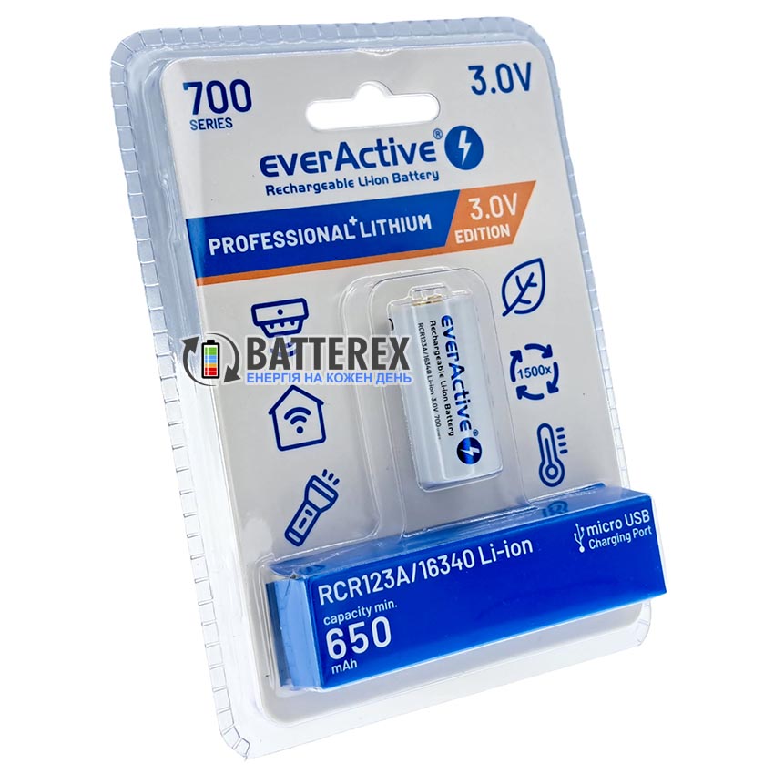 Акумулятор 16340 CR123A EverActive 650mah 3.0V Protected microUSB