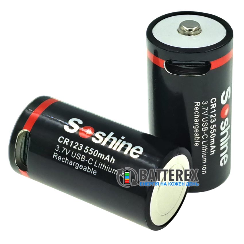 USB акумулятор 16340 CR123A Li-ion Soshine 550mah 3.7V із зарядкою від USB Type-C та платою захисту